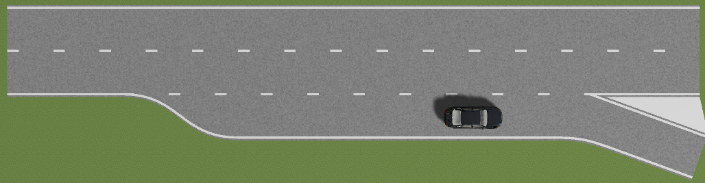 减速车道以及匝道口组成的分流区,测试车道与减速道路中间为白色虚线